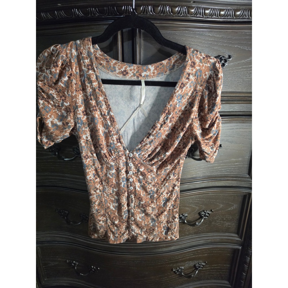 Free People Floral Button Front Puff Sleeve V-Neck Top Brown Rust XS OB801949